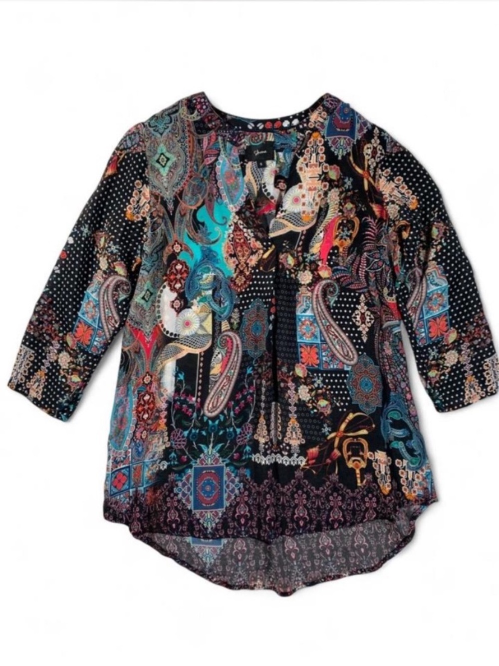 Shana Boho Paisley Patchwork Tunic Blouse - Black Multicolor Viscose Silk Small